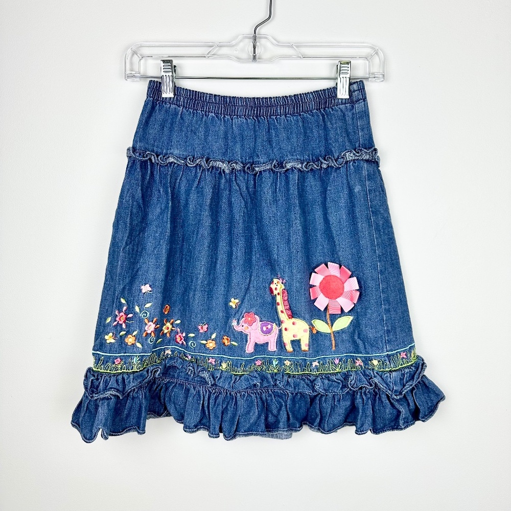 Talbots Kids Denim Ruffle Animal Applique Floral Embroidered 100% Cotton Skirt